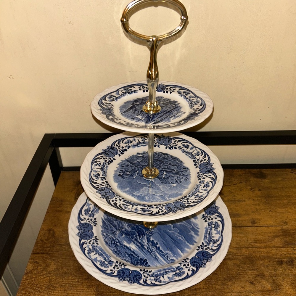 w.h. grindley & co england 3 tier serving tray blue and white china